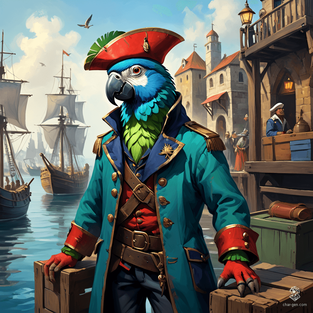 Captain Squawks is a flamboyant parrot seafarer donning a vibrant coat and tricorn hat, shimmering with colors of the sea. With jewelry adorning his wings, he stands proudly on crates, greeting the bustling harbor's patrons amidst ships and market stalls, embodying the spirit of adventure.