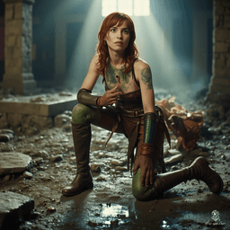 Izzy is a youthful yet seasoned halfling assassin, adept with a crossbow. With pale skin flecked with green scales and striking yellow-green eyes, she exudes a blend of competence and malice. Dressed in fitted leather armor and carrying poisons, her mischievous smile hints at the thrill of the hunt.