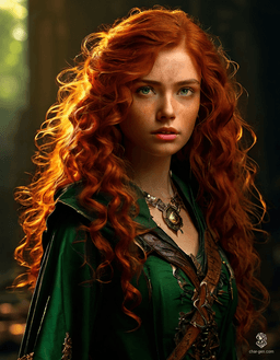 A captivating young sorceress exudes power, her fiery charisma matched only by her striking features. With vibrant emerald eyes and draconic golden scales adorning her luminous skin, she commands arcane magic effortlessly. Clad in a fitted black leather robe, she conjures flames with a confident, dynamic grace.