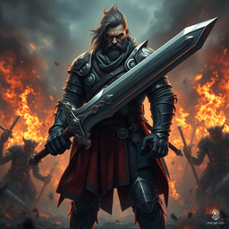 Sig Curtis is a towering warrior, standing at 2 meters with a robust frame. Clad in battle-worn half armor, he wields a stunning great sword adorned with glowing inlays. With a gloomy yet determined expression, he emanates a shadowy aura, ready to face the chaos of battle behind him.