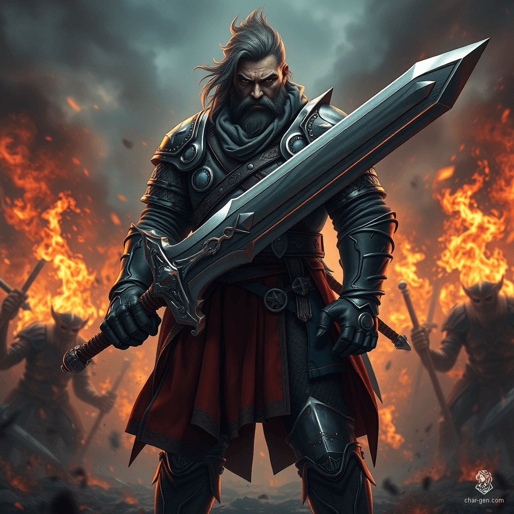 Sig Curtis is a towering warrior, standing at 2 meters with a robust frame. Clad in battle-worn half armor, he wields a stunning great sword adorned with glowing inlays. With a gloomy yet determined expression, he emanates a shadowy aura, ready to face the chaos of battle behind him.