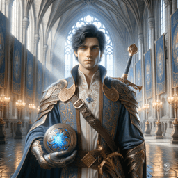 Dorian, a 21-year-old noble human, stands 6'1" tall with a medium build and pale skin. Wielding a longsword and protective shield, he's a confident battlemaster sorcerer with ice-blue eyes and black hair. Charismatic, intelligent, and imbued with unpredictable eldritch magic, he combines physical prowess with arcane might.