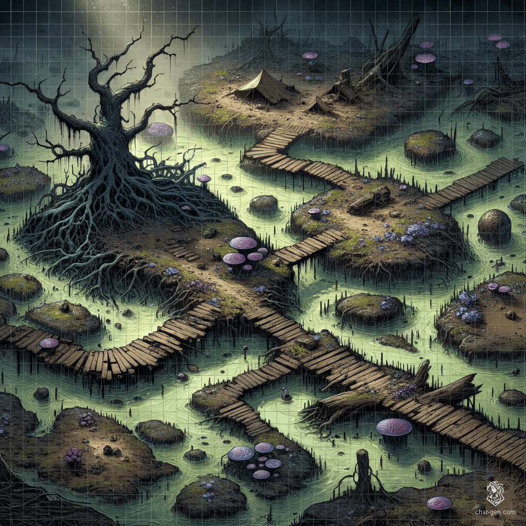 In this eerie marshland, thick fog shrouds tangled mangroves and pools of murky water, while bioluminescent crickets flit amidst vibrant purple mushrooms. A winding path leads to a crossroads campsite, with ancient bridge ruins looming just above the fog, hiding secrets, traps, and lurking predators among the shadows.