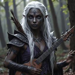 A striking Drow bard with distinct tan skin, contrasting sharply with wavy, long black hair and purple eyes. She carries a magical instrument, using expressive gestures to enchant her audience. Her white hair and grey-skinned heritage add to her captivating presence.