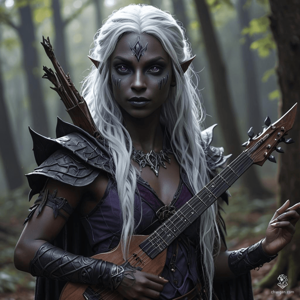 A striking Drow bard with distinct tan skin, contrasting sharply with wavy, long black hair and purple eyes. She carries a magical instrument, using expressive gestures to enchant her audience. Her white hair and grey-skinned heritage add to her captivating presence.