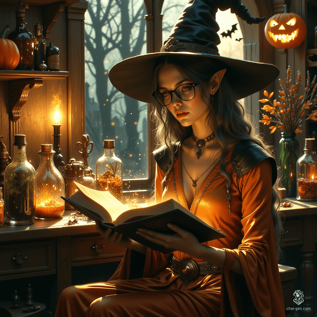 Maryam is a charming, older elf apothecary witch with a graceful, slender form and tanned skin adorned with the wisdom of wrinkles. Her tea-colored hair, streaked with grey, is tied back, while her topaz eyes sparkle with inquisitiveness. Surrounded by herbs and potions, she exudes a cozy, mystical aura, exuding competence and care.