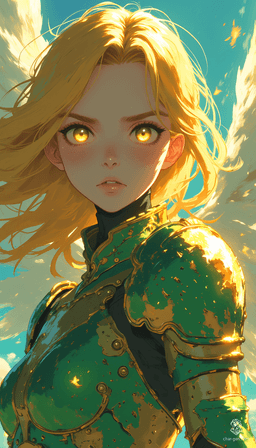 Sigarda, a striking female angel, embodies grace and power with her vibrant golden hair and ethereal green and gold armor. Her solid gold eyes radiate strength as she floats amidst dynamic lighting, capturing the viewer with her large, expressive gaze and iconic pose in stunning anime style.