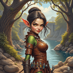 Izzy, a newly emancipated halfling assassin, blends youthful beauty with lethal skill. Standing 1.5 meters tall, her snake-like yellow-green eyes pierce the shadows as she readies her crossbow. Clad in tight brown leather armor, her shimmering green scales hint at her dangerous nature, while a sinister smile promises malice.