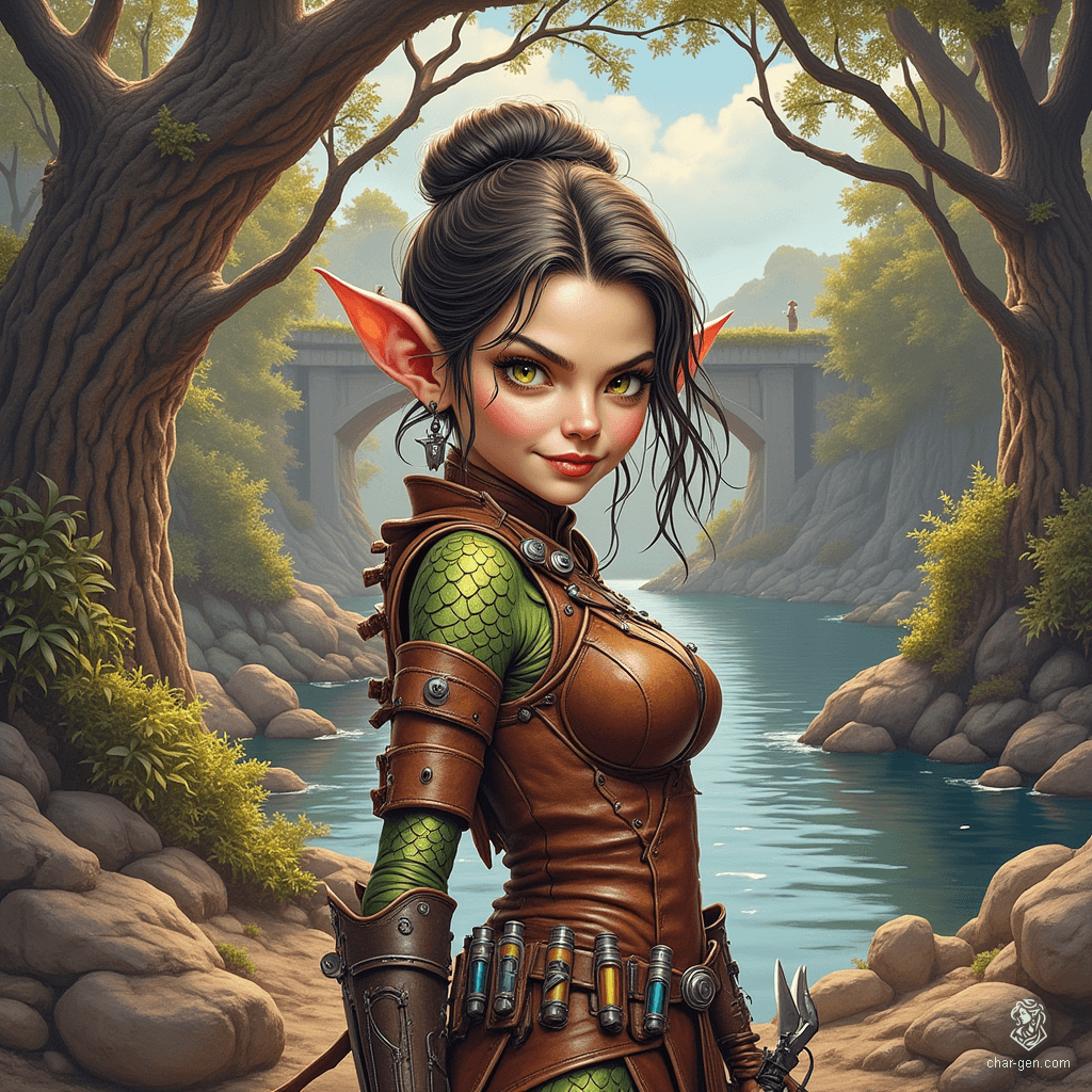Izzy, a newly emancipated halfling assassin, blends youthful beauty with lethal skill. Standing 1.5 meters tall, her snake-like yellow-green eyes pierce the shadows as she readies her crossbow. Clad in tight brown leather armor, her shimmering green scales hint at her dangerous nature, while a sinister smile promises malice.