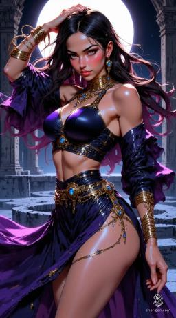 A captivating young dancer exudes confidence and allure, with gradient hair of purple, dark blue, and black. Adorned in a lavish purple outfit featuring gold accents and blue jewels, she moves gracefully against a backdrop of ancient ruins under a full moon, embodying the essence of a goddess.