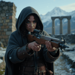 Izzy, a newly emancipated halfling assassin, combines lethal elegance with stealth. Her lithe form, adorned in dark leather and wool, features subtle green scales. With snake-like blue eyes and curly hair peeking from her hood, she expertly loads her crossbow, exuding both confidence and a hint of nervous tension as she awaits her prey amidst falling snow.