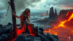 An enchanting elf maiden stands bound to a stake, teetering on the brink of a fiery volcano. The landscape bursts with vivid detail: molten lava glows beneath a sky streaked with ominous clouds, while ancient, twisted trees frame the ethereal yet perilous scene.