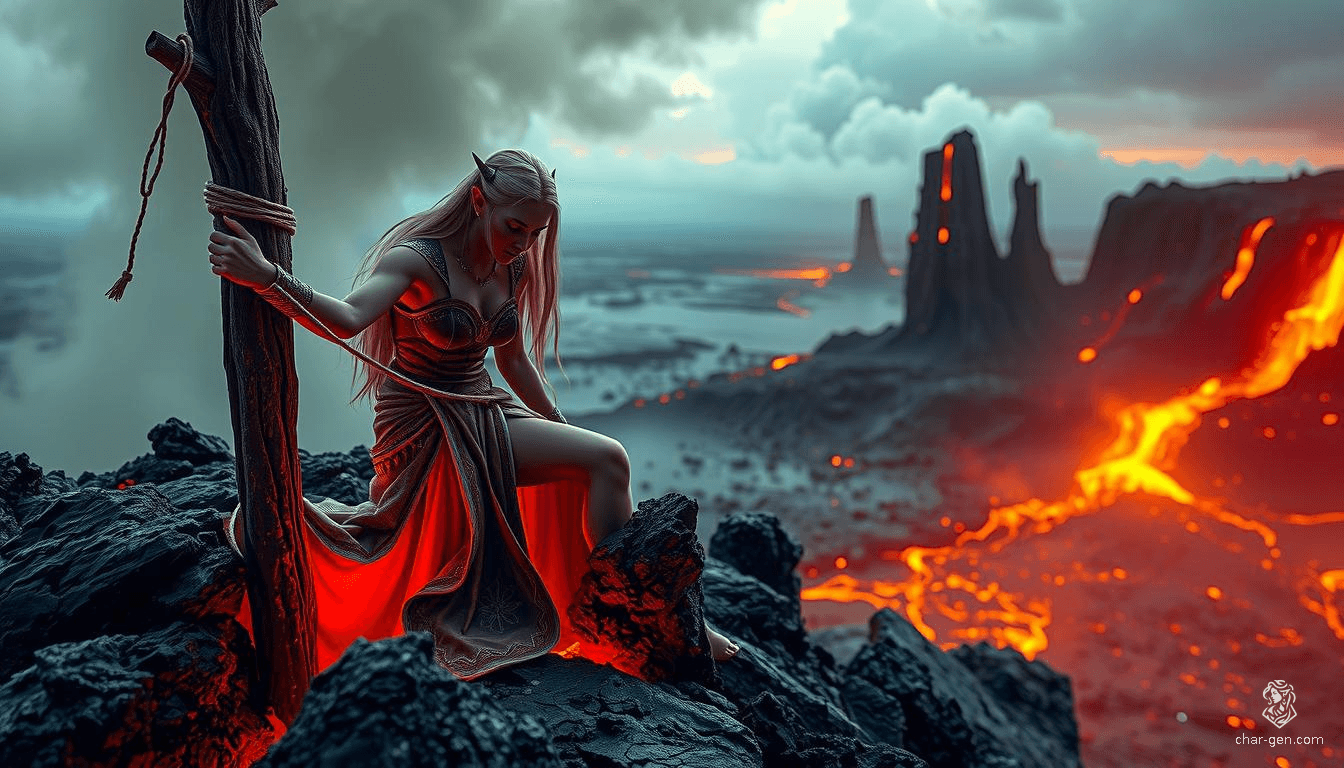An enchanting elf maiden stands bound to a stake, teetering on the brink of a fiery volcano. The landscape bursts with vivid detail: molten lava glows beneath a sky streaked with ominous clouds, while ancient, twisted trees frame the ethereal yet perilous scene.
