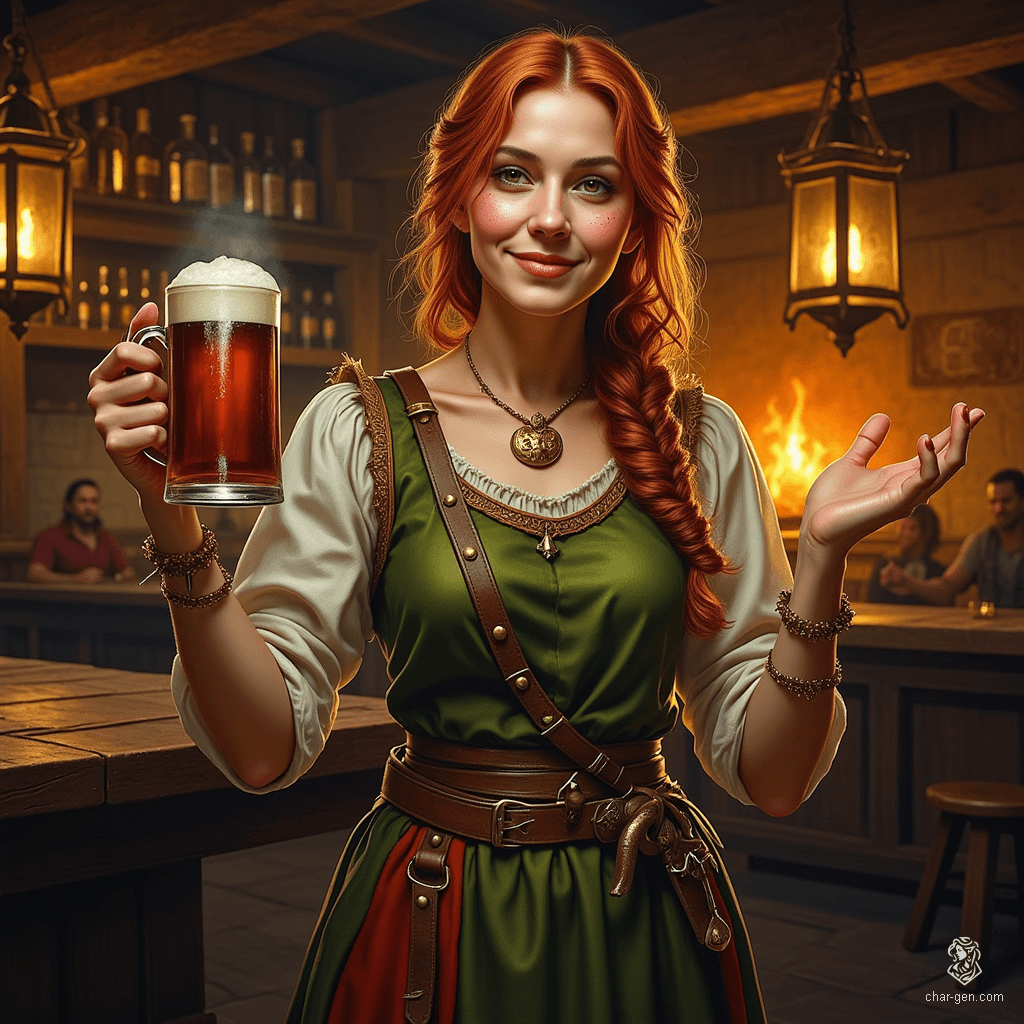 Mira Goldleaf, an enchanting halfling innkeeper, radiates warmth from her bustling tavern. With curly auburn hair, freckled cheeks, and sparkling hazel eyes, she captivates patrons with tales and laughter. Dressed in a practical, earthy gown, she expertly manages the lively atmosphere, ensuring everyone feels at home.