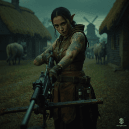 Izzy is a skilled halfling assassin, standing at 1.5 meters with a graceful yet formidable presence. Her medium-toned skin boasts subtle green scales, while her striking yellow-green eyes reflect a predatory focus. Clad in tight brown leather armor, she expertly wields a heavy crossbow, embodying the thrill of the hunt.