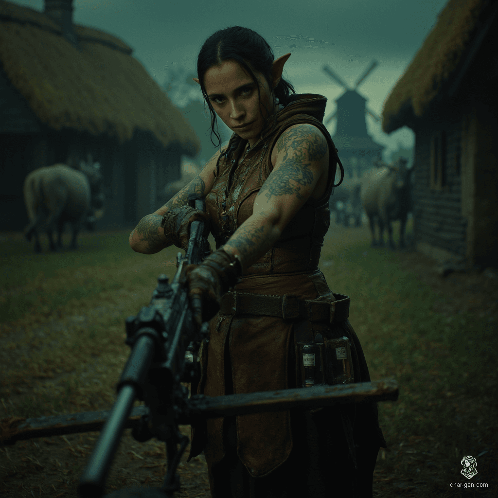 Izzy is a skilled halfling assassin, standing at 1.5 meters with a graceful yet formidable presence. Her medium-toned skin boasts subtle green scales, while her striking yellow-green eyes reflect a predatory focus. Clad in tight brown leather armor, she expertly wields a heavy crossbow, embodying the thrill of the hunt.