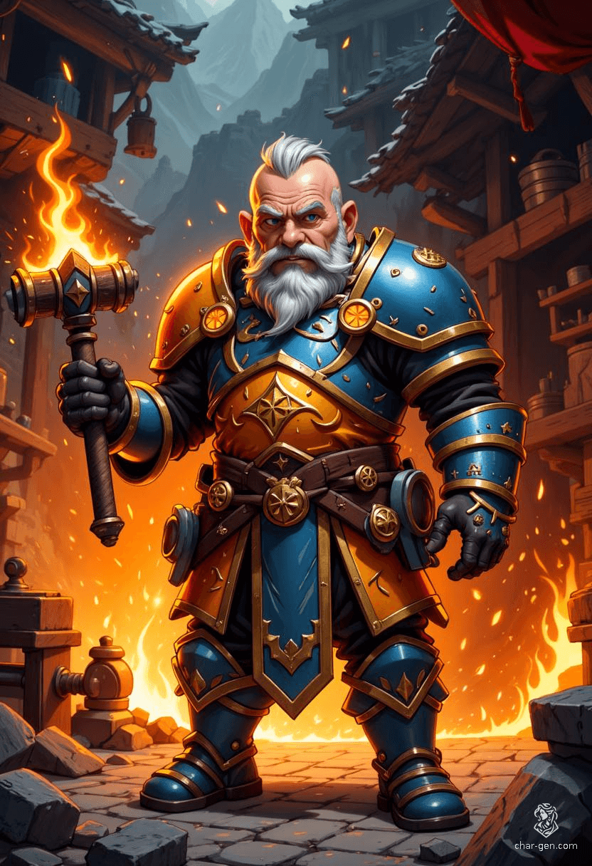 Groomorlum Blunthorn, a rugged dwarf warlock and Clan Crafter, wields a radiant warhammer and exudes an aura of magic. Skilled in both smithing and the arcane, he balances a debt to his guild with a fierce commitment to protecting Mirabar's artisans. His wisdom and charm make him a formidable ally.