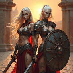 In a grand ancient gladiator arena, two formidable Drow sisters prepare for battle. The tall, fierce warrior brandishes dual swords, her flowing white hair and piercing red eyes radiating strength. Beside her, the stocky, scarred sister stands resolute with a battered shield, embodying resilience and unity in the face of danger.
