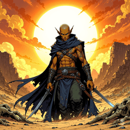 A cunning male assassin, this naga warrior blends seamlessly into the shadows with his dark attire. His balding head complements his serpentine lower body and elf-like torso, adorned with intricate tattoos and shimmering scales. Armed with concealed daggers, his lethal presence is both stealthy and dangerous.