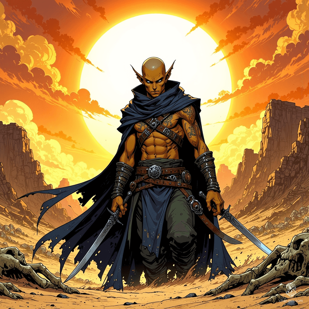 A cunning male assassin, this naga warrior blends seamlessly into the shadows with his dark attire. His balding head complements his serpentine lower body and elf-like torso, adorned with intricate tattoos and shimmering scales. Armed with concealed daggers, his lethal presence is both stealthy and dangerous.