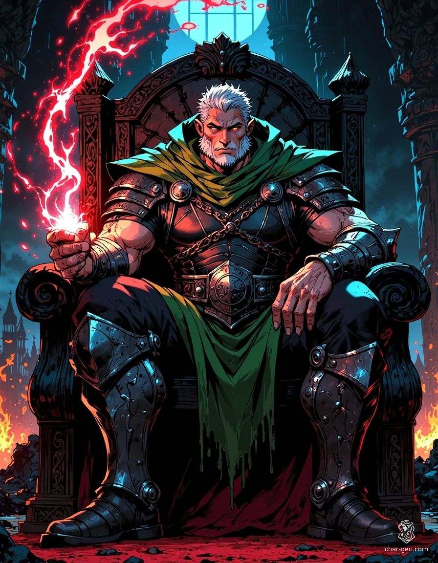 A hulking, muscular king, 50 years old, exudes menace from his bone throne. Wrinkles and frown lines hint at a lifetime of burdens. Clad in dark armor beneath a tattered green cloak, he conjures sparks of red lightning, a master of dark power in a torch-lit throne room.