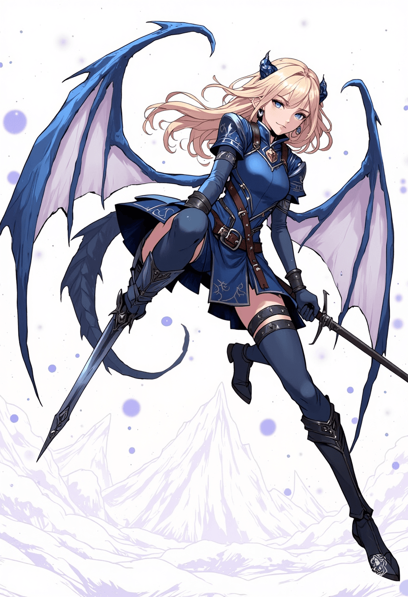 A vibrant blue dragon knight soars through a vivid sky, donning bold armor with exaggerated features. With thick linework and dynamic poses, this anime-inspired character radiates courage, wielding a gleaming lance amidst high-contrast lighting and colorful cel-shading, embodying a blend of fantasy and whimsical charm.