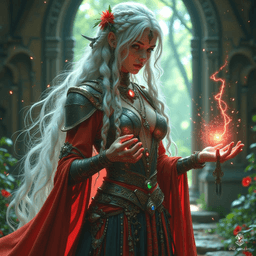 Meet Aeloria, a formidable human warlock tied to an archfey patron. With long, white hair woven with flowers and piercing red eyes, she radiates otherworldly allure. Clad in fey-inspired armor and shimmering fabrics, she commands glowing magic while navigating enchanted forests and mystical realms, embodying elegance and strength.