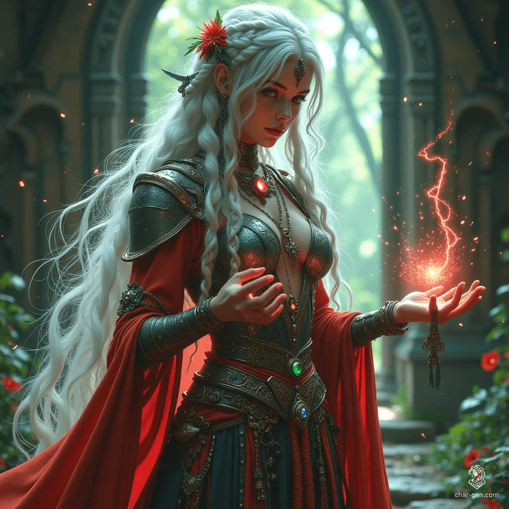 Meet Aeloria, a formidable human warlock tied to an archfey patron. With long, white hair woven with flowers and piercing red eyes, she radiates otherworldly allure. Clad in fey-inspired armor and shimmering fabrics, she commands glowing magic while navigating enchanted forests and mystical realms, embodying elegance and strength.