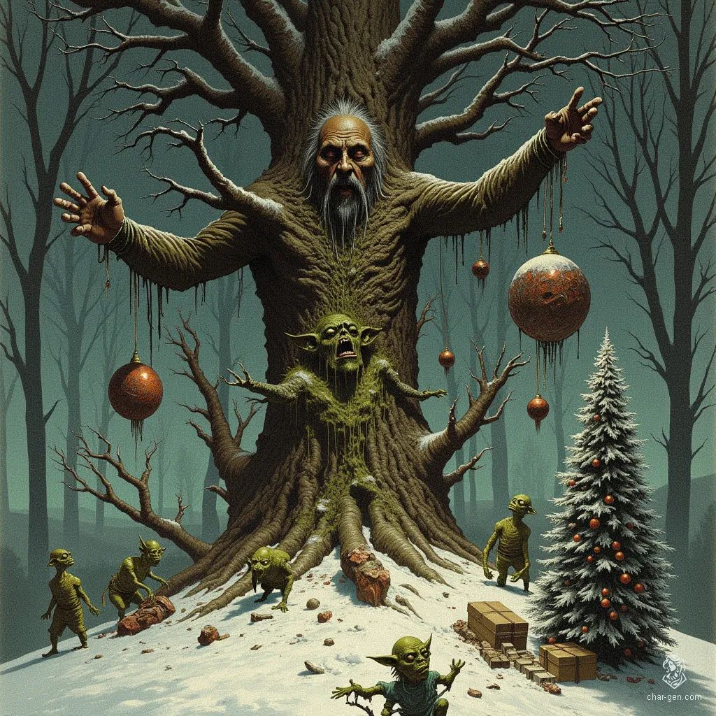 Beneath a towering pine treant, rowdy goblins gleefully ransack a merchant's wagon, tossing wares like confetti. Amid the chaos, a mangled body hangs from the branches, while a weeping dryad, her bark-like skin glistening, pleads for the malevolent revelry to cease.