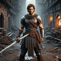 Errkin is a formidable human fighter with a medium build and strong physique. Sporting intricately detailed chain mail, he wields a prominent longsword with confidence. His impressive variety of weapons and unmatched strength make him a steadfast warrior on any battlefield.