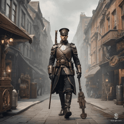 In the bustling heart of a steampunk city, the city guard patrols with unwavering vigilance. Clad in functional yet simple armor, they wield a trusty baton, embodying a blend of authority and accessibility, ensuring peace amidst the clatter of gears and steam.