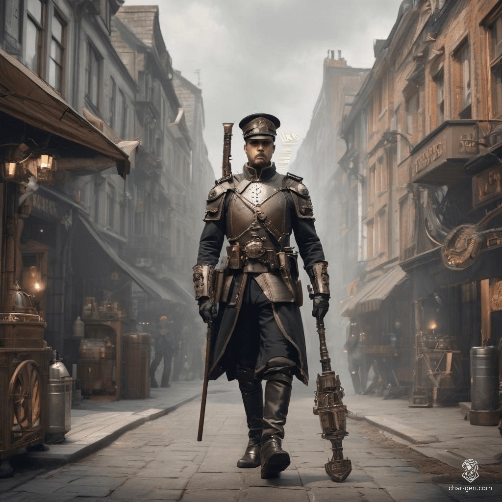 In the bustling heart of a steampunk city, the city guard patrols with unwavering vigilance. Clad in functional yet simple armor, they wield a trusty baton, embodying a blend of authority and accessibility, ensuring peace amidst the clatter of gears and steam.