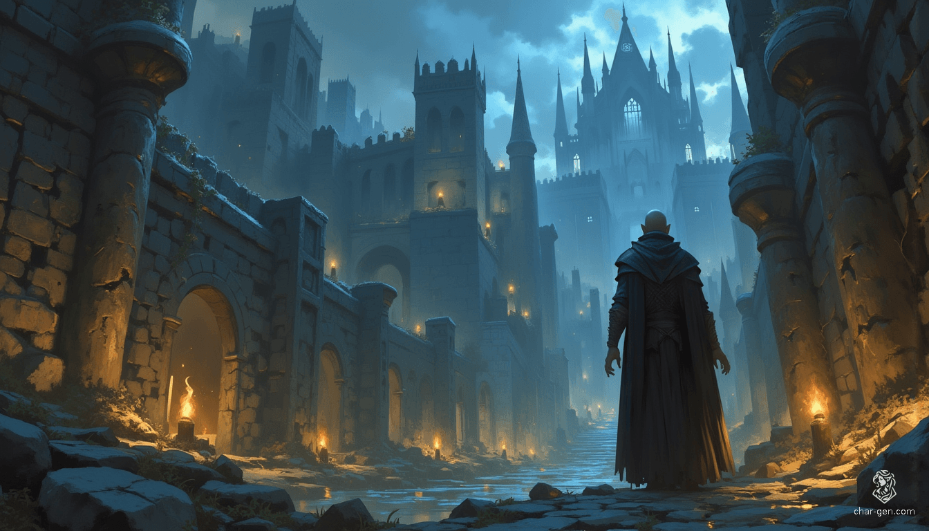 In Westcrown, overcast skies cast a moody pallor over regal, gothic architecture, where cracked walls and weathered statues tell tales of forgotten grandeur. Shadows stretch through narrow alleys, creating an atmosphere rich with intrigue and echoes of a mystical past, inviting exploration into its enigmatic depths.