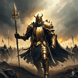The Golden Knight strides into battle, a towering figure cloaked in dark majesty. His armor gleams ominously under the dim sky, radiating an air of dominance. With piercing gaze and a formidable presence, he commands respect and fear, embodying the perfect fusion of nobility and menace.