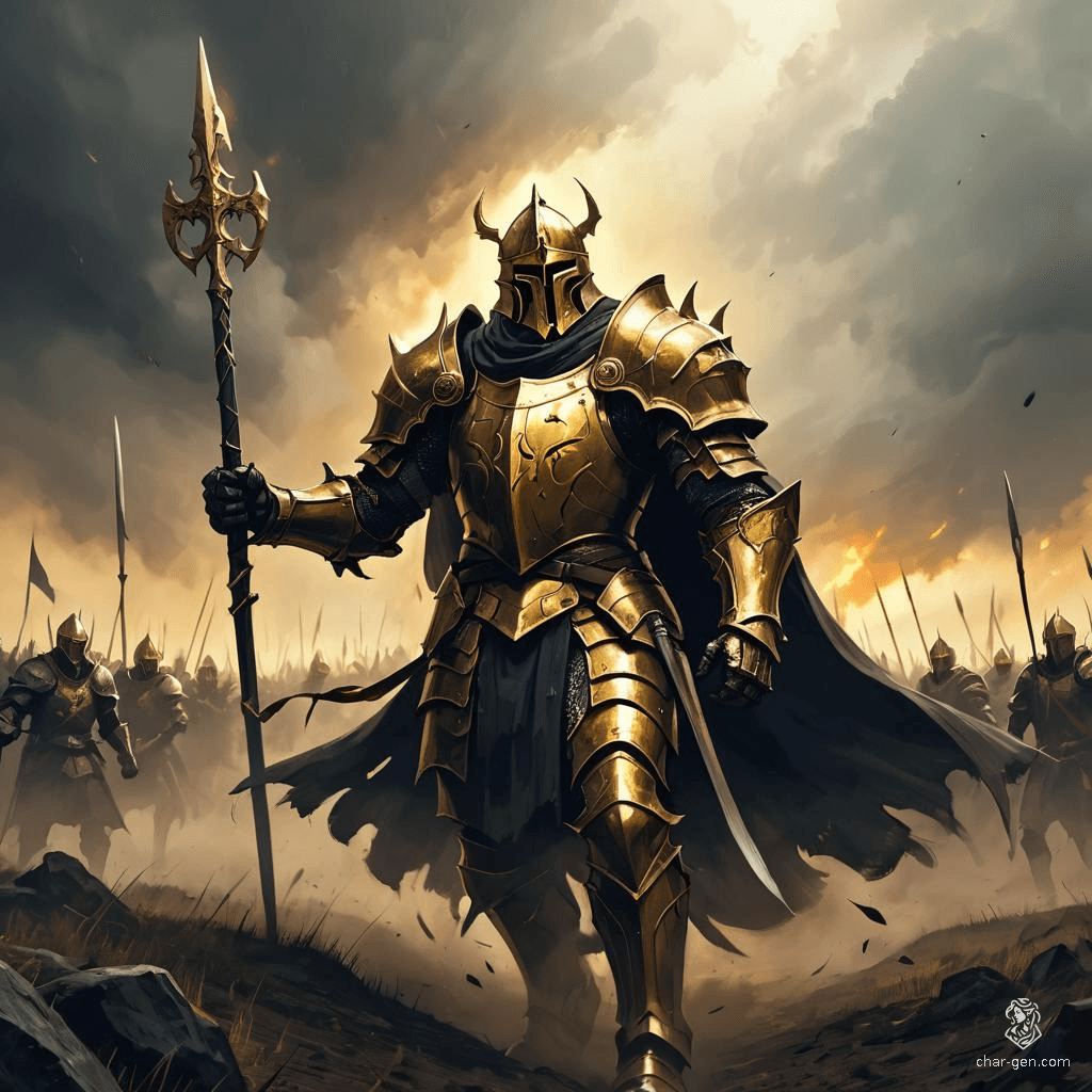 The Golden Knight strides into battle, a towering figure cloaked in dark majesty. His armor gleams ominously under the dim sky, radiating an air of dominance. With piercing gaze and a formidable presence, he commands respect and fear, embodying the perfect fusion of nobility and menace.