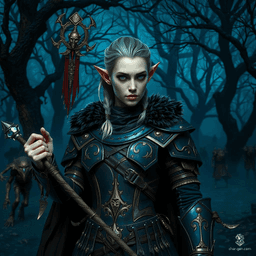 Sgaeyl, a 36-year-old half-elf ranger, embodies the epitome of a shadowy hunter. With keen green eyes and black-silver hair, she moves unseen, wielding a quarterstaff and clad in intricate leather armor. Pale-skinned and nimble, she avenges her homeland's destruction, nursing silent resentments and embracing life's constant changes.