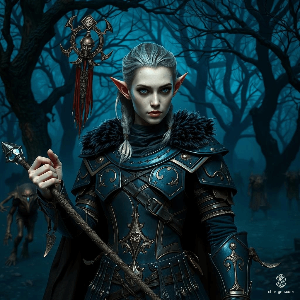 Sgaeyl, a 36-year-old half-elf ranger, embodies the epitome of a shadowy hunter. With keen green eyes and black-silver hair, she moves unseen, wielding a quarterstaff and clad in intricate leather armor. Pale-skinned and nimble, she avenges her homeland's destruction, nursing silent resentments and embracing life's constant changes.