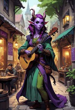 Lyrica Chantenuit, a 25-year-old tiefling bard, captivates audiences with her magical lute. With striking purple skin and rich plum hair accentuating her devil-like horns and long tail, she exudes charm. Despite her youth and soldier training, her nimble grace and intelligence shine, enchanting all who encounter her.