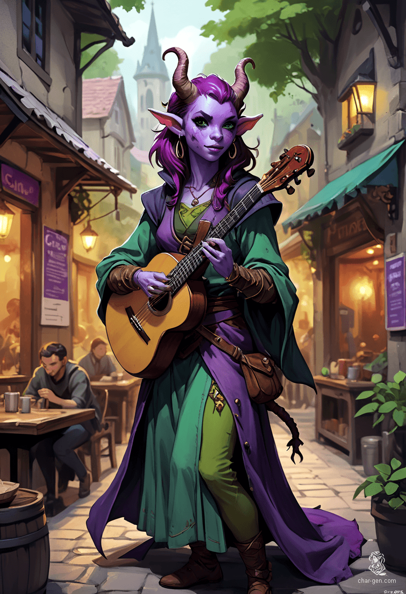 Lyrica Chantenuit, a 25-year-old tiefling bard, captivates audiences with her magical lute. With striking purple skin and rich plum hair accentuating her devil-like horns and long tail, she exudes charm. Despite her youth and soldier training, her nimble grace and intelligence shine, enchanting all who encounter her.