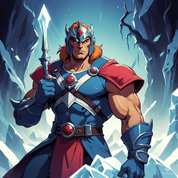 Meet Frostax, the Sorcerer of the Glacial Realms! With exaggerated features and a muscular frame, he wields ice magic in vibrant color. Inspired by 80s cartoons, he battles foes with dramatic poses, showcasing bold outlines and nostalgic charm, all set against simple, enchanted backgrounds.