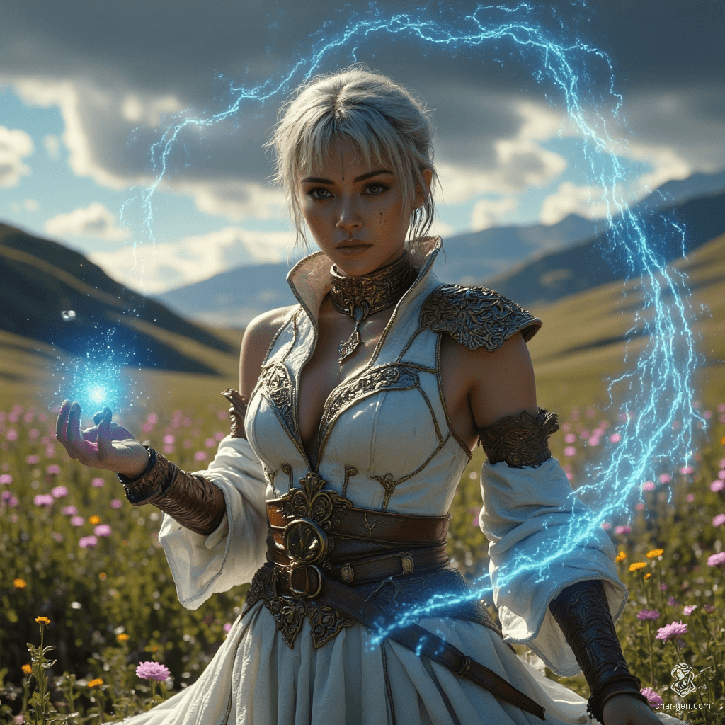 Jouli is a strikingly gorgeous middle-aged investigator mage of East Asian descent, standing 5'4" with a lithe frame. Her fair skin shimmers in sunlight as she carves a glowing blue rune in a defensive pose. Clad in intricately embossed white leather armor, her bright, concerned eyes reflect wisdom and strength amidst towering bookshelves.