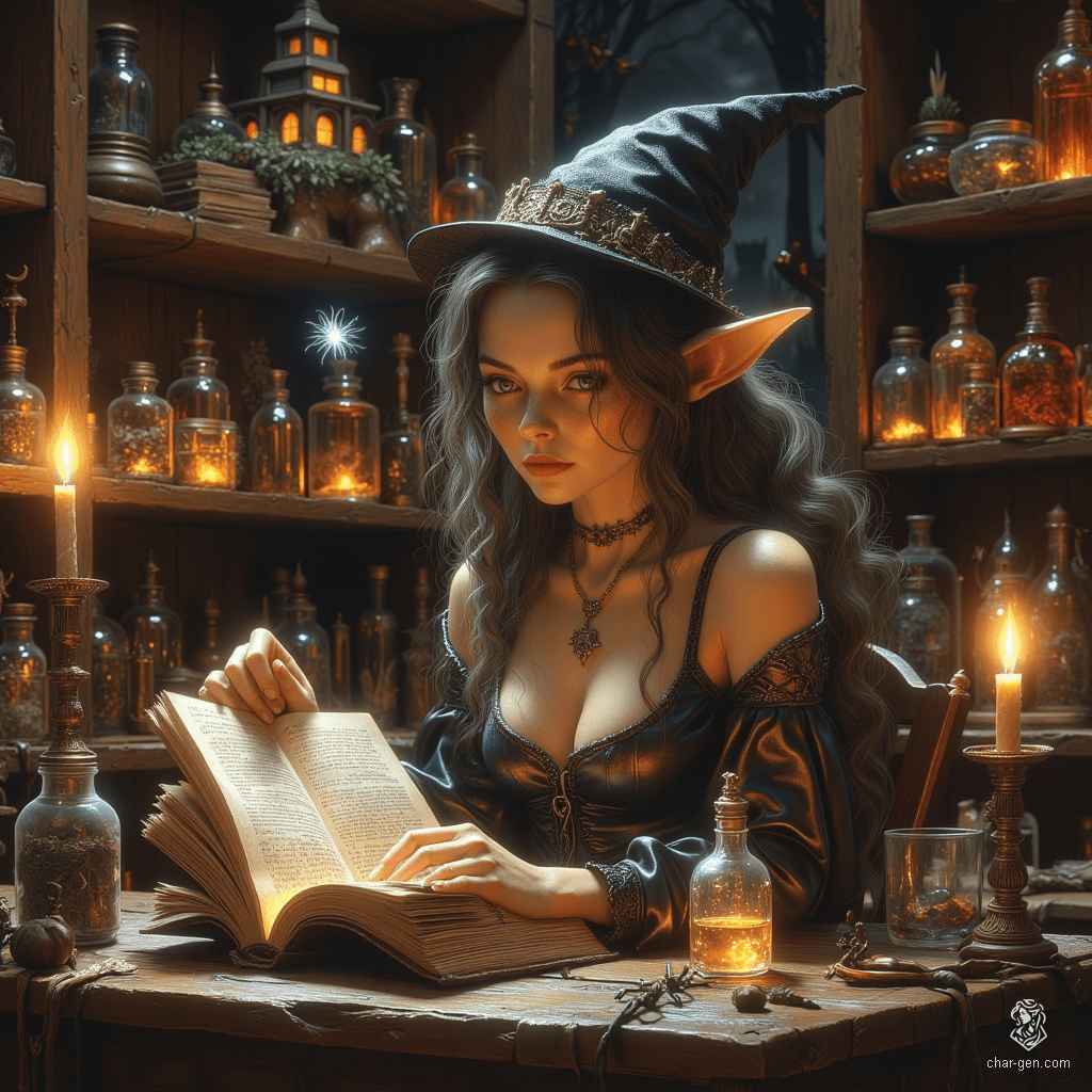 Maryam, a charming apothecary witch, is an elegant older elf with tanned skin and gentle wrinkles that reflect her wisdom. Her flowing, tea-colored hair is streaked with grey, pulled back into a loose ponytail. Bright topaz eyes, framed by rimless spectacles, reveal her inquisitive nature as she meticulously studies her tome amidst the cozy ambiance of her alchemical lab, accompanied by her ethereal spider familiar.