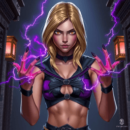 A fierce young Sith Apprentice with shoulder-length golden hair and white eyes glares intensely in a dark temple. Clad in a black and purple leather crop top, her muscled abs flex as black-painted fingertips crackle with electricity, surrounded by swirling purple lightning and mist.
