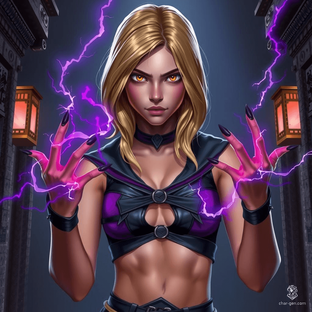 A fierce young Sith Apprentice with shoulder-length golden hair and white eyes glares intensely in a dark temple. Clad in a black and purple leather crop top, her muscled abs flex as black-painted fingertips crackle with electricity, surrounded by swirling purple lightning and mist.