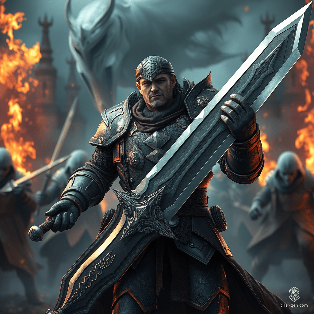 Sig Curtis stands as a formidable warrior at 2 meters tall, embodying resilience and determination. Clad in battle-worn half armor, he wields a magnificent, glowing great sword. With a shadowy aura enveloping him, he readies himself amidst the chaos of a fierce battle.
