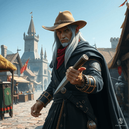 Valakhad, a 30-year-old Kalashtar wizard and former military sharpshooter, stands tall at 6'3" with tan skin and striking red eyes. Donning a cowboy hat and long black duster, he wields a magic gun to cast spells. Orphaned in his youth, Val's dual soul, Khad, helps him navigate his arcane path.