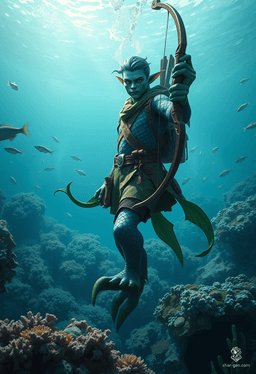 Elyndor, the triton ranger, blends seamlessly into the forest and mountain landscapes with his striking green skin and aquatic features. Equipped with bow and spear, he skillfully tracks prey, his fish-like lower half allowing swift movement through both water and land as he hunts in harmony with nature.