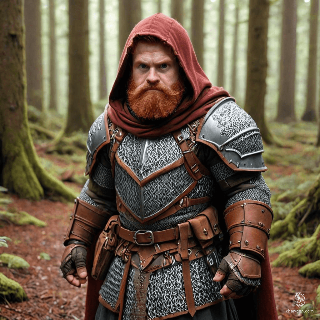A rugged male dwarf hunter, adorned in chainmail armor and a weathered brown cloak, stands firm in a lush forest. His fiery medium-length red hair and thick red beard blend with the earthy surroundings, while his tan skin reflects years of outdoor survival and quiet determination.