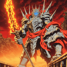 In a desolate, storm-swept realm, a towering warrior emerges, clad in jagged blackened armor adorned with crimson accents and glowing runes. Wielding a massive serrated greatsword engulfed in consuming black flames, their piercing eyes burn with an unearthly blaze, foretelling doom amid the ruins of a forgotten world.