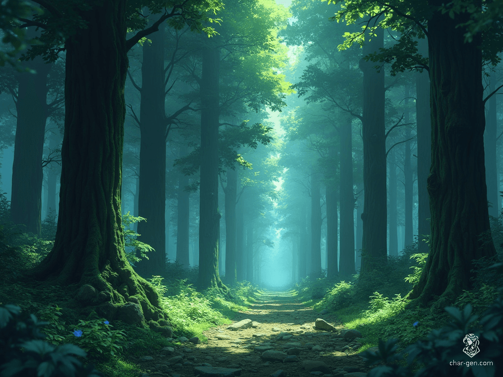 Step into an entrancing, ancient forest teeming with towering trees, lush moss-covered earth, and profound shadows. An air of mystique pervades, with hidden dangers and enigmatic creatures lurking, evoking an uncanny, omnipresent sense of being watched.